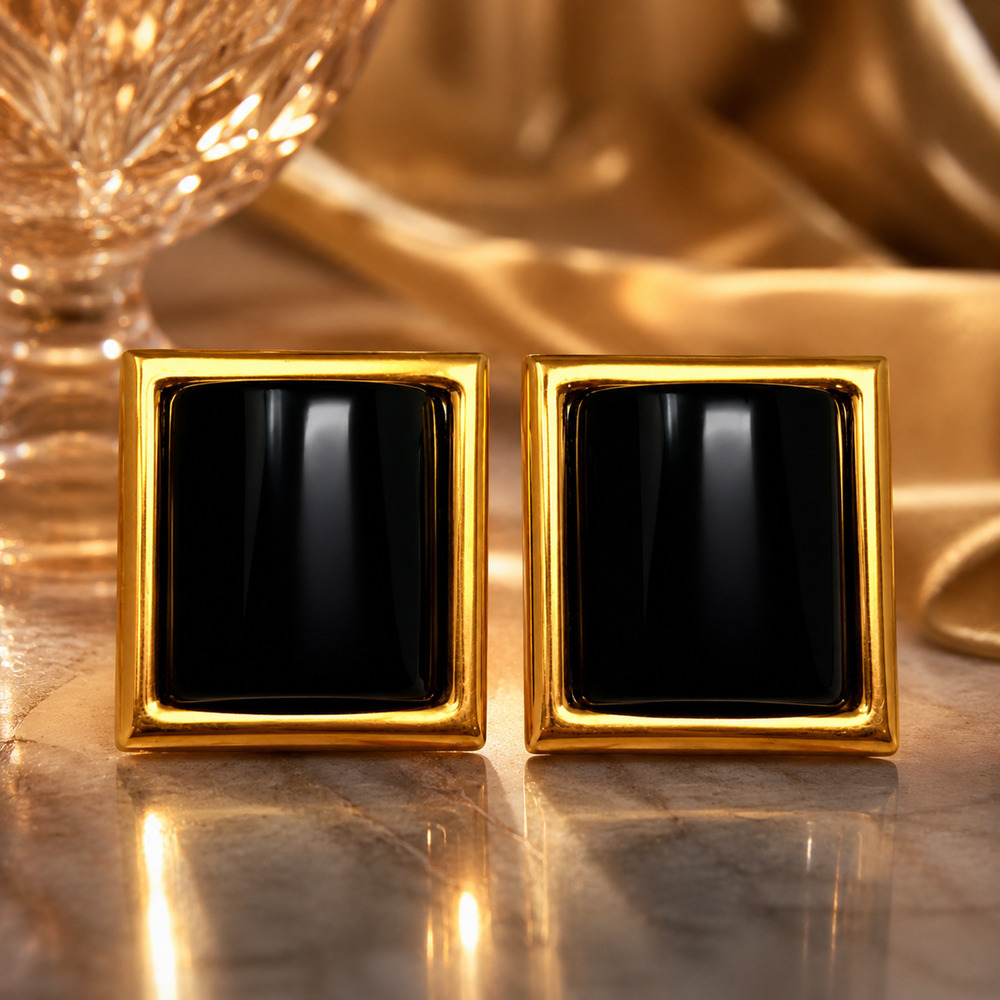 Vintage 1980's Black Acrylic Gold Tone Statement Earrings Rectangle Chunky Mogul